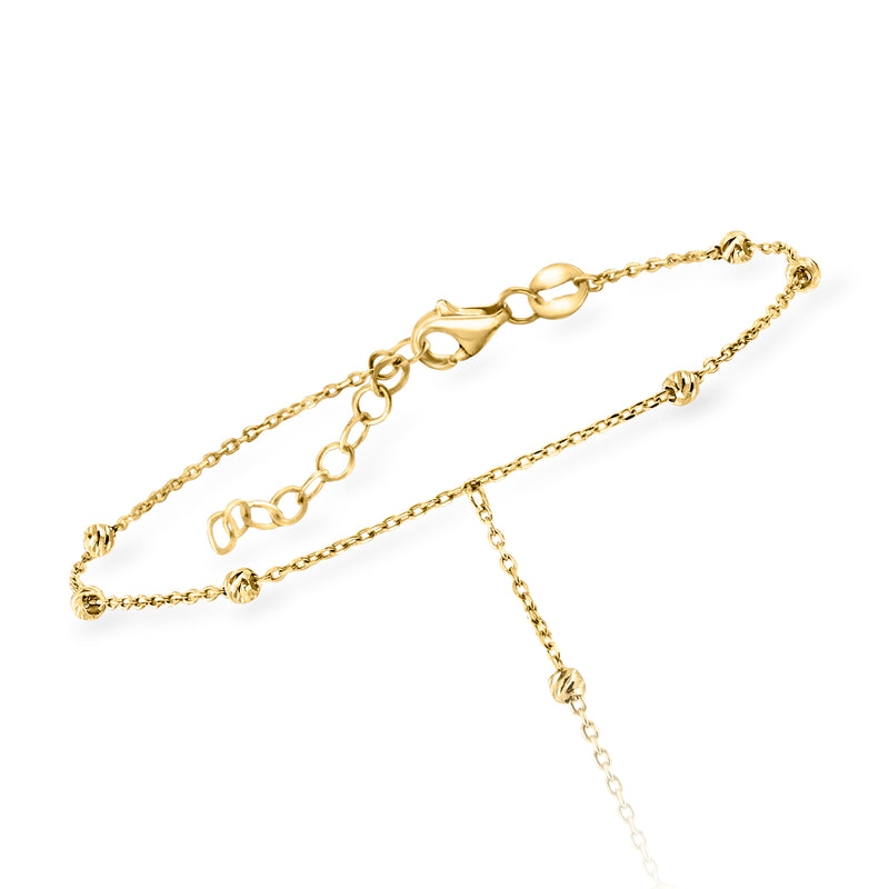 14kt yellow gold beaded hand chain bracelet with adjustable links and dangling drop