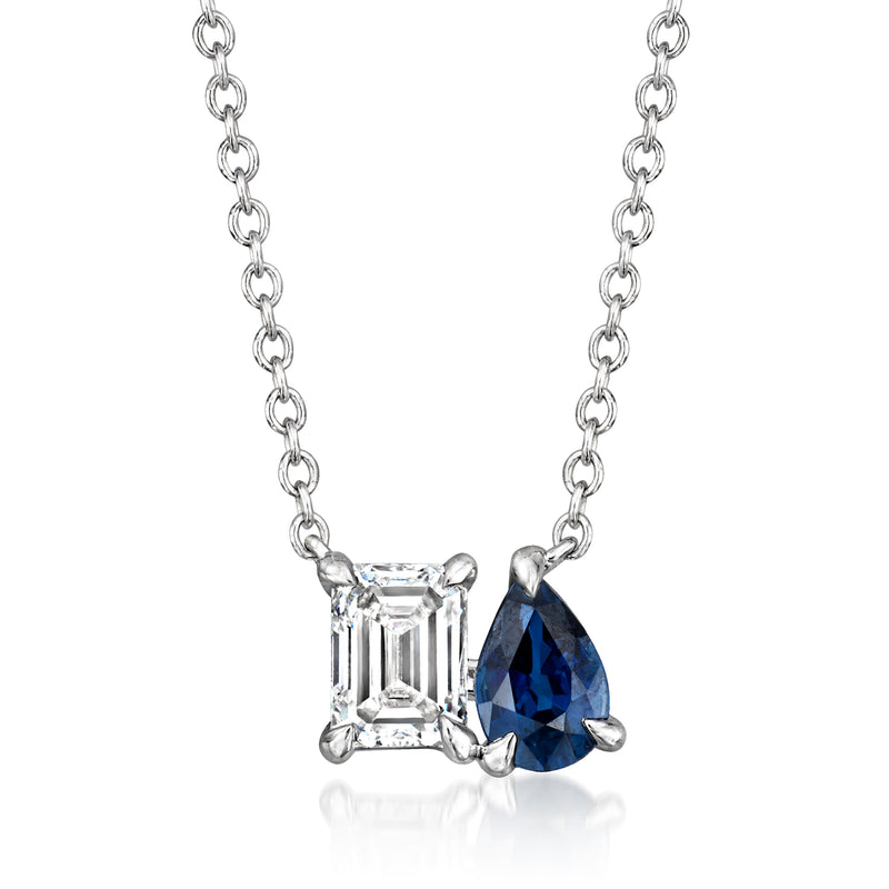 14kt white gold toi et moi necklace, emerald-cut clear stone and blue pear sapphire