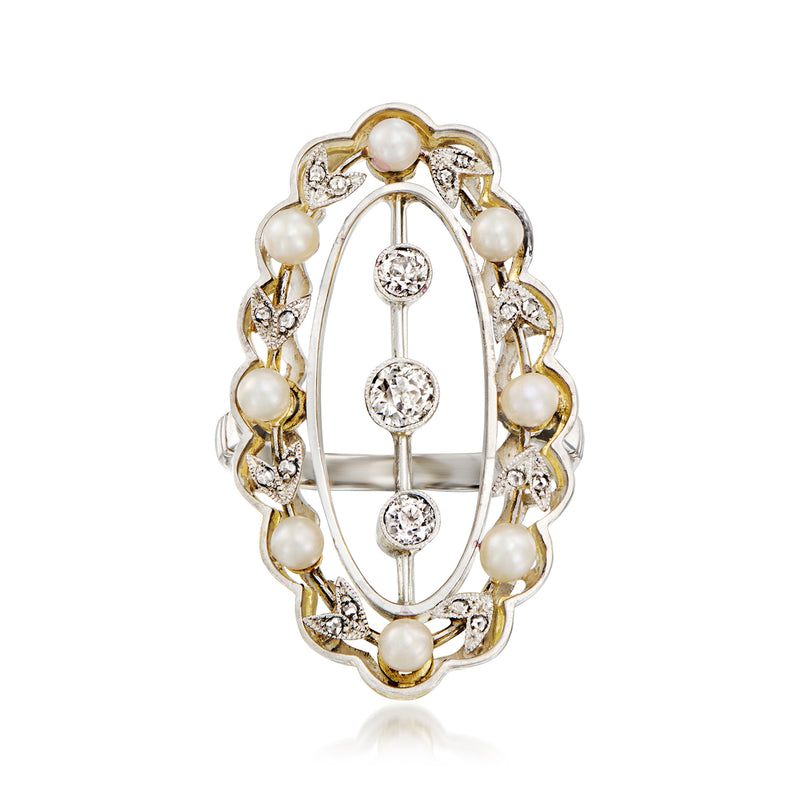 Vintage openwork ring with cultured pearls, diamond accents, yellow gold and platinum oval frame