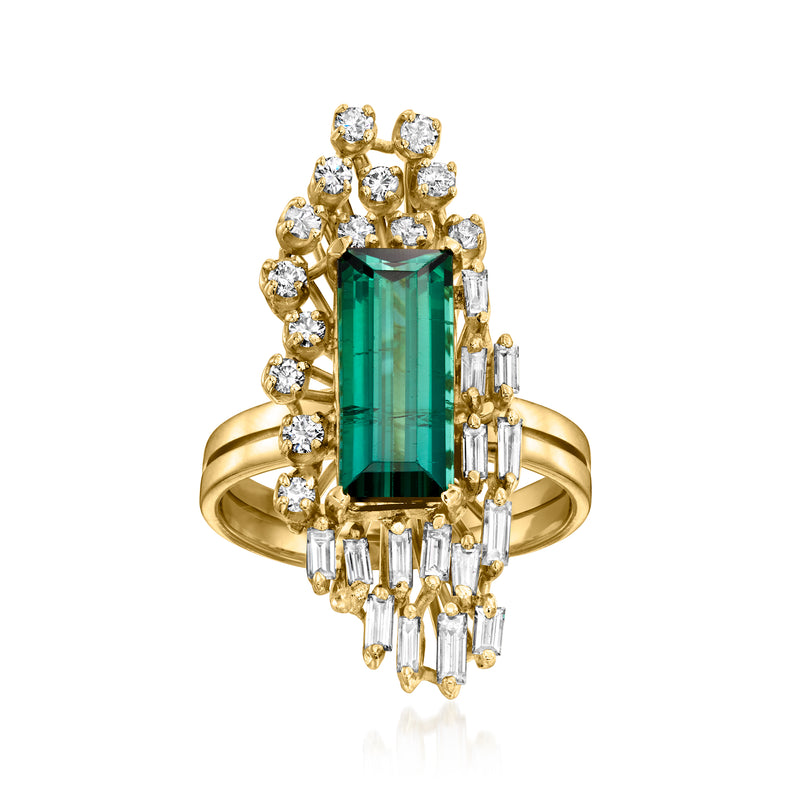 18kt yellow gold ring with emerald-cut green tourmaline and diamond halo, baguettes