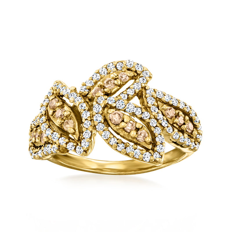 Yellow gold leaf diamond ring with white and warm brown stones, vintage-style band