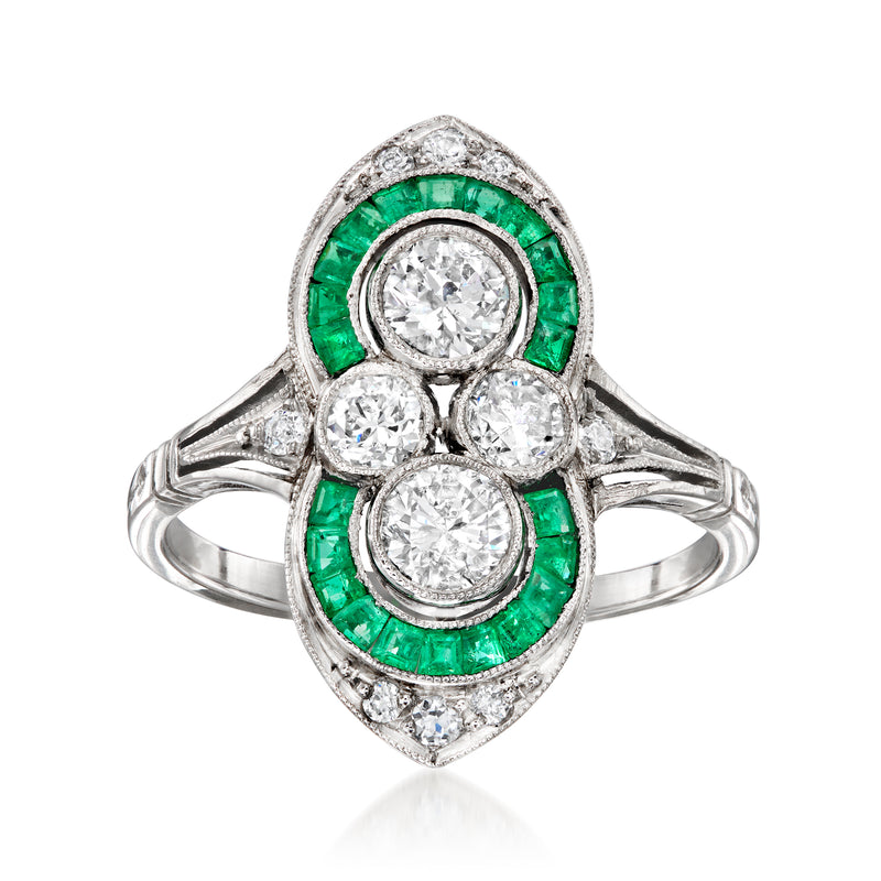 Platinum vintage diamond ring with emerald-green accents and oval center stone, size 6.5