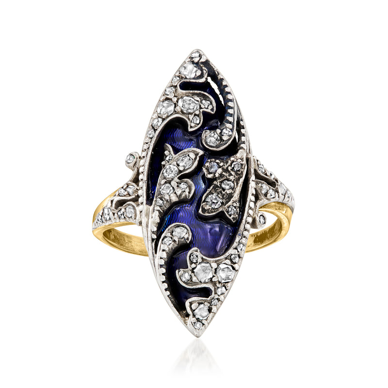 Vintage cocktail ring with blue enamel panel, diamond accents, sterling silver and yellow gold