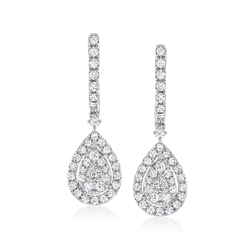 Vintage 14kt white gold diamond drop earrings with pear-shaped teardrop drops