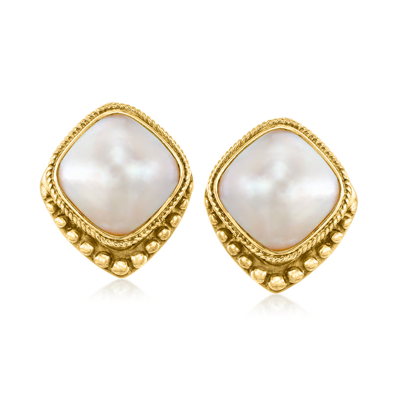 14kt yellow gold clip/post earrings with square cultured pearl, textured bezel