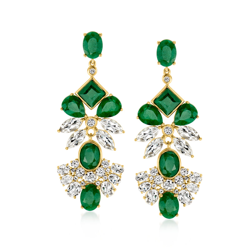 Gold drop earrings with emerald-green gemstones and white clustered sparkle drops