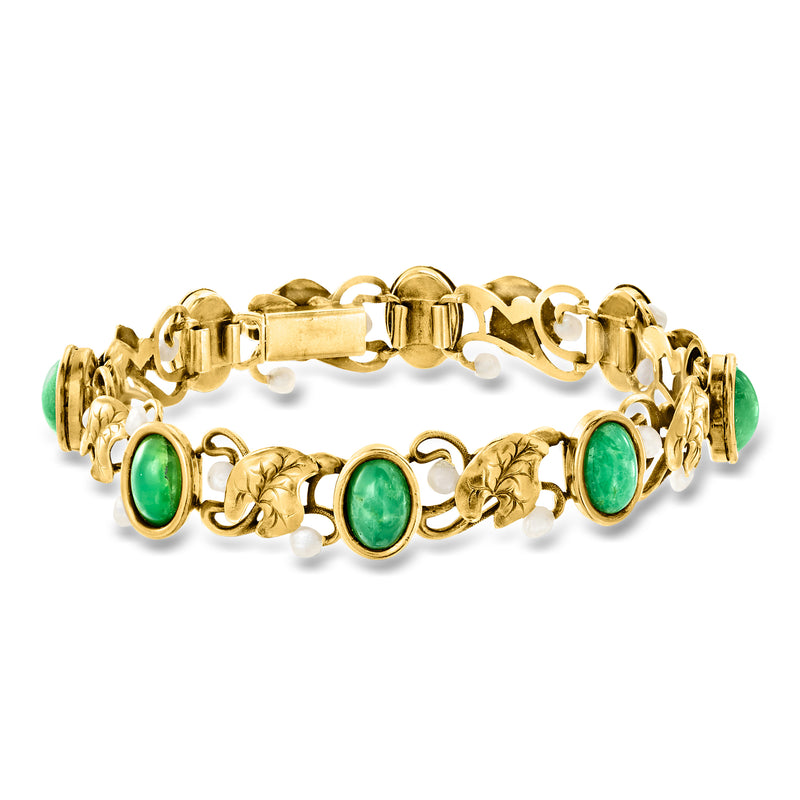 14kt yellow gold bracelet with cultured baroque pearls and green chrysoprase links