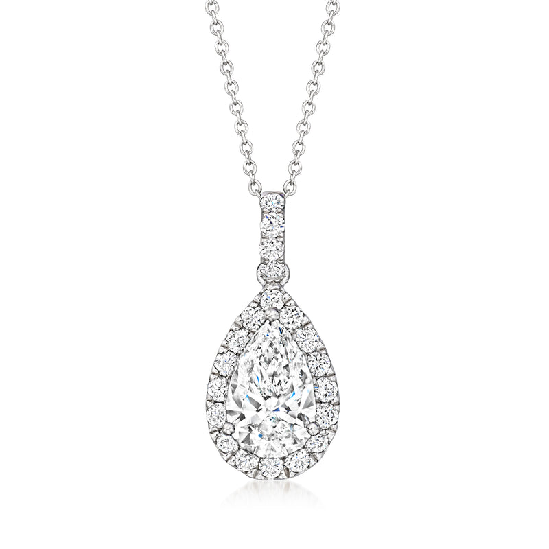 White gold diamond pendant necklace with pear-shaped halo and teardrop center