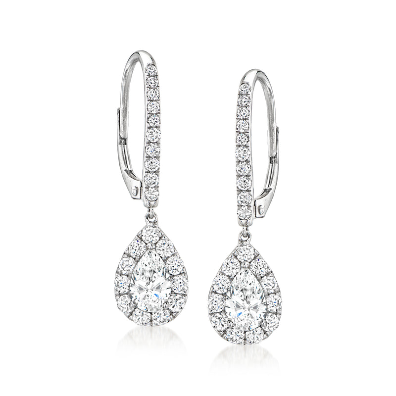 Teardrop lab-grown diamond drop earrings in 14kt white gold, leverback closure