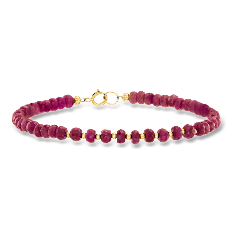 Ruby bead bracelet in 10kt yellow gold with maroon faceted beads and gold clasp