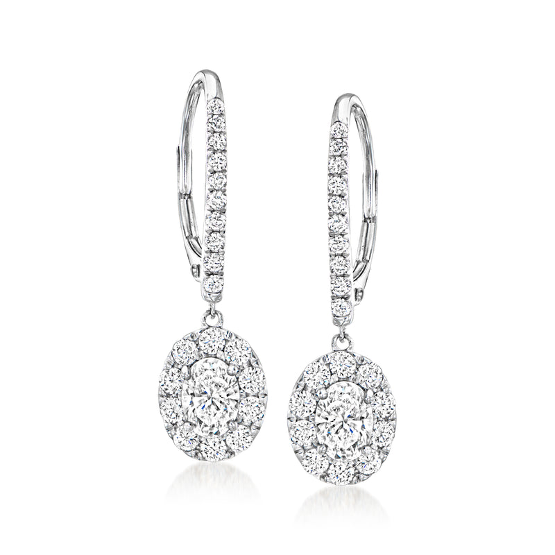 14kt white gold diamond drop earrings with oval cluster, leverback, sparkling halo