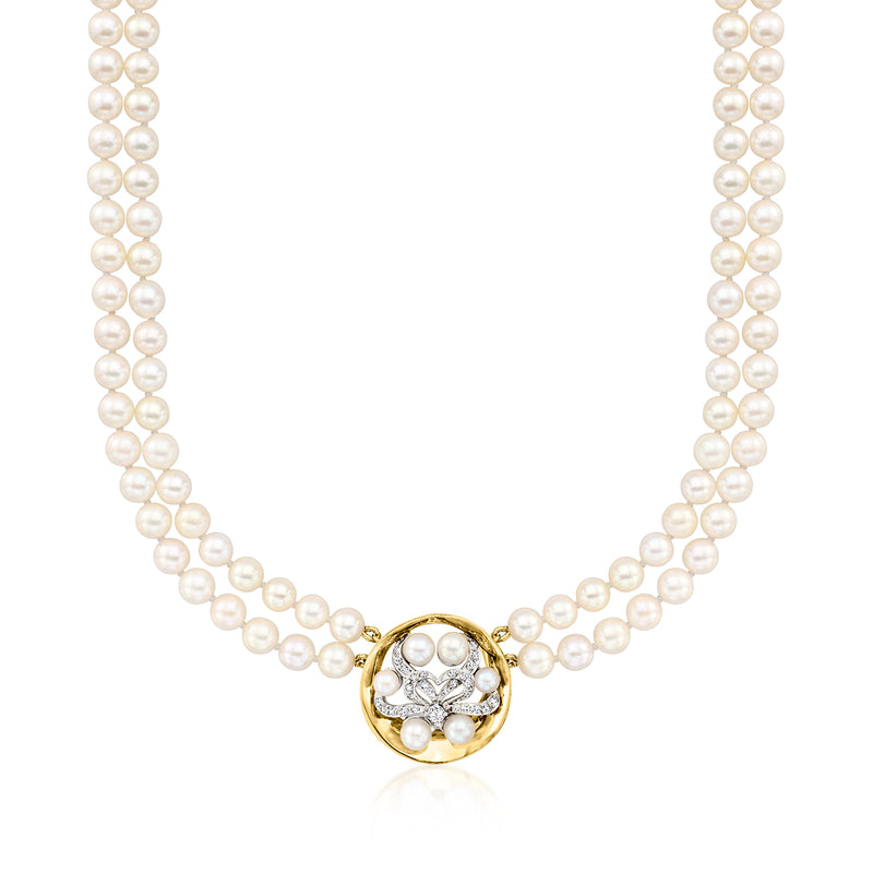 Two-strand cultured pearl necklace with round two-tone gold diamond clasp