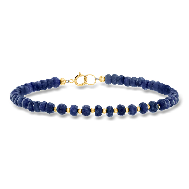 Sapphire bead bracelet with 10kt yellow gold clasp and small round gold spacers