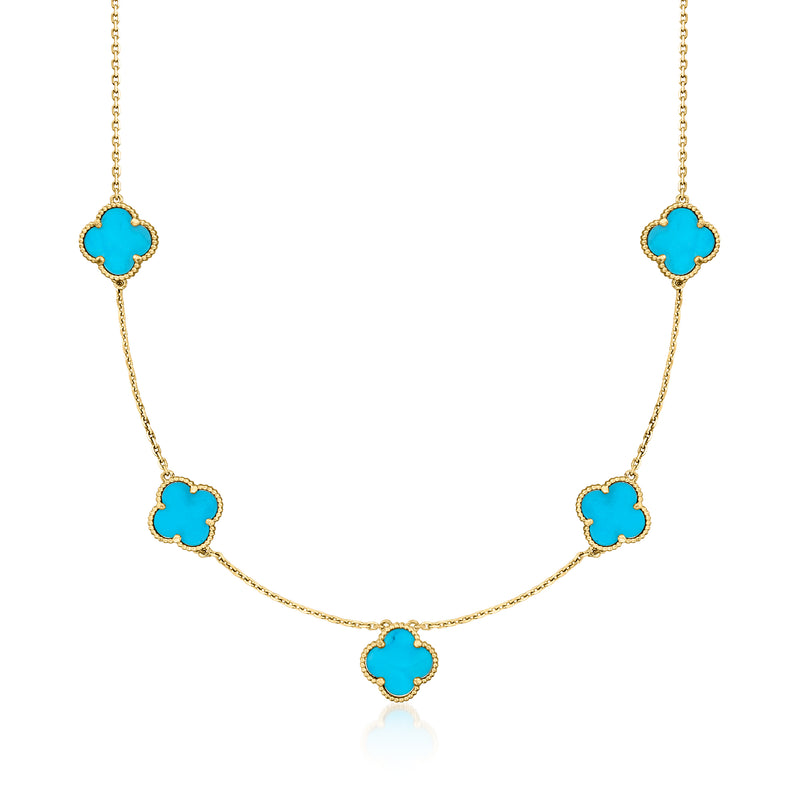 Vintage 10kt yellow gold clover station necklace with turquoise howlite charms