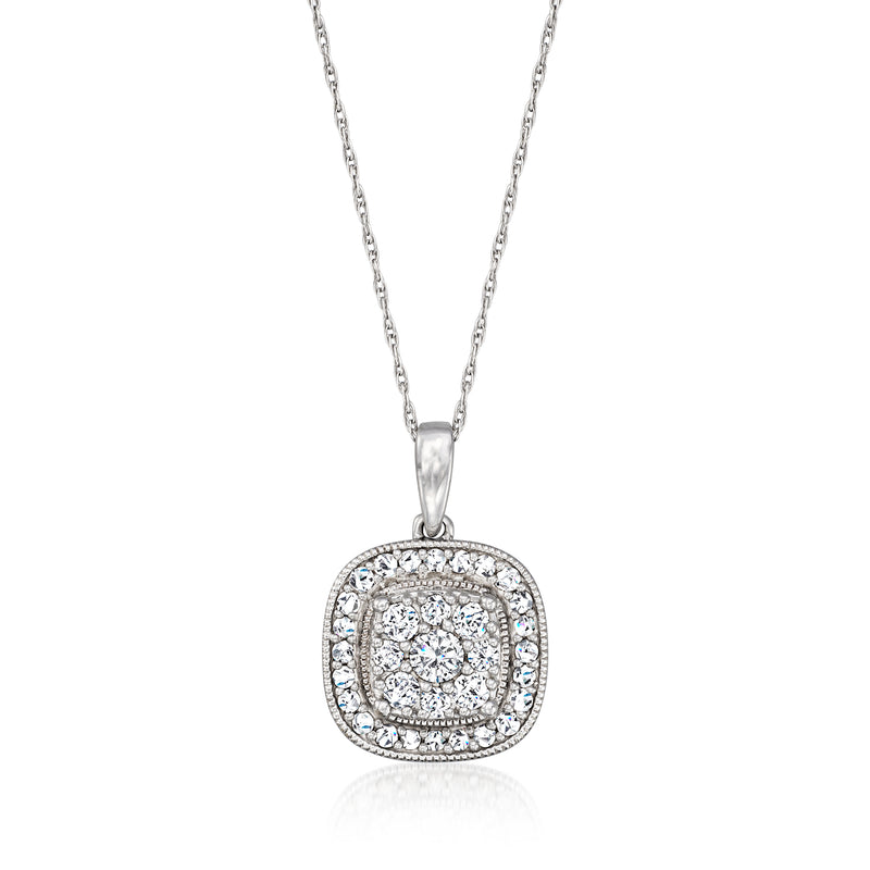Vintage diamond pendant necklace in 14kt white gold, square cushion halo with center stone