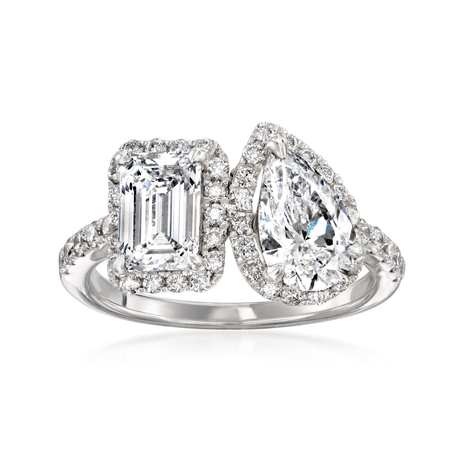 2.50 ct. t.w. Emerald-Cut and Pear-Shaped Lab Grown Diamond Toi et Moi Ring in 14kt White Gold