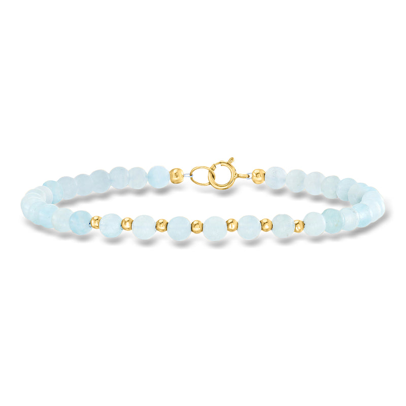 Aquamarine bead bracelet with 10kt yellow gold clasp, light blue round beads