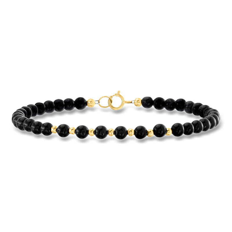 Onyx bead bracelet with 10kt yellow gold clasp and round bead spacers
