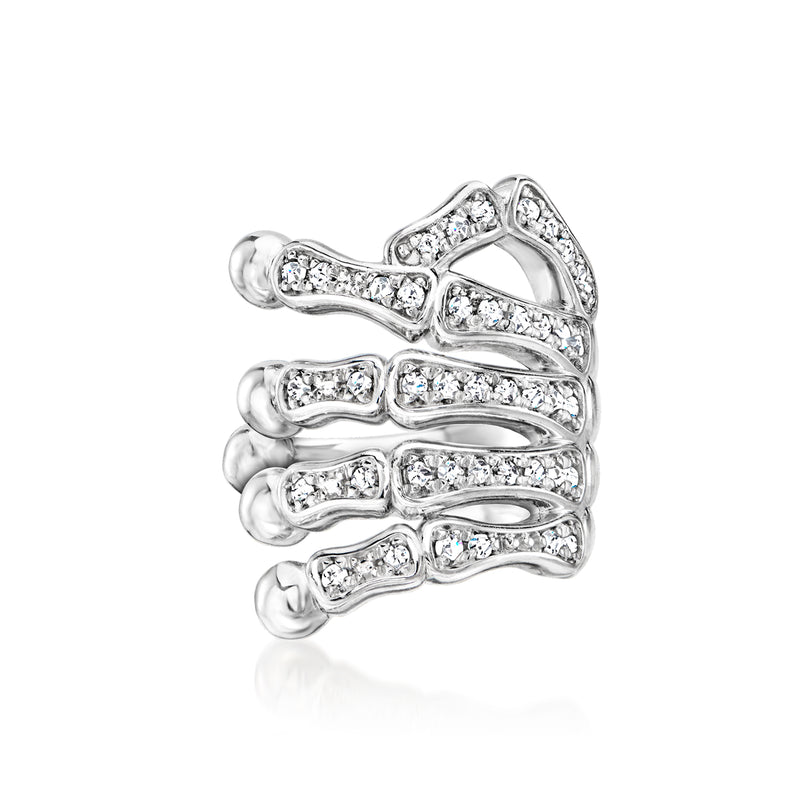 Sterling silver diamond skeleton hand single ear cuff with openwork hand design