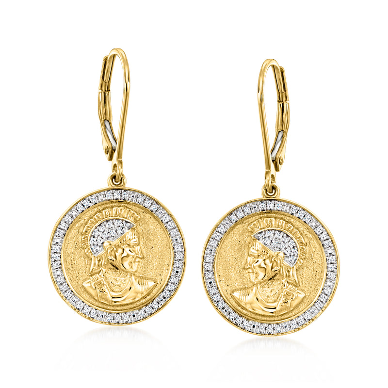 Round gold-tone coin drop earrings with diamond-look border and leverback hooks