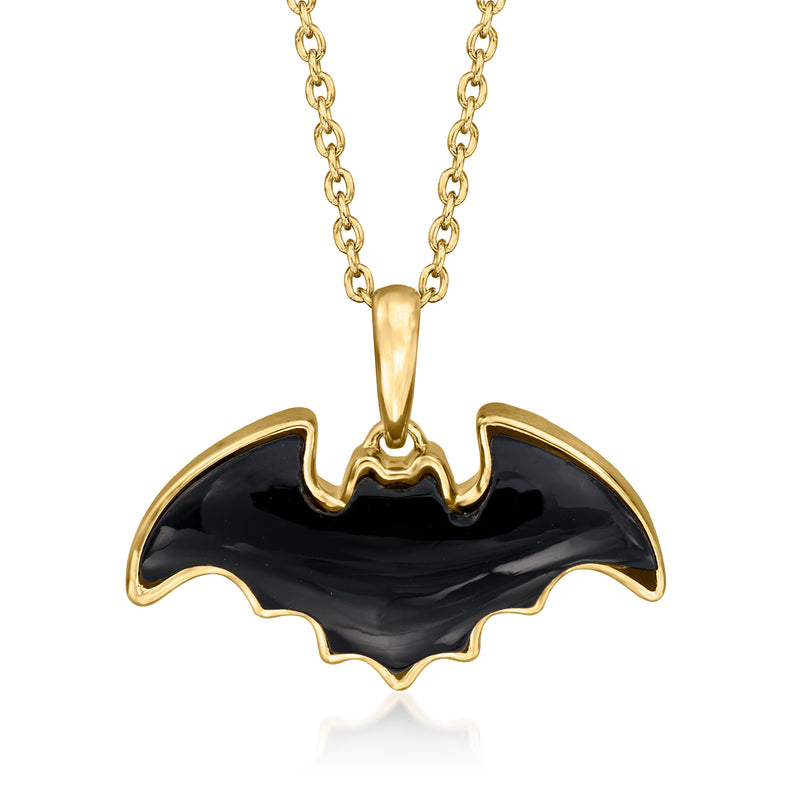 Gold over sterling bat necklace with black onyx-style wing pendant