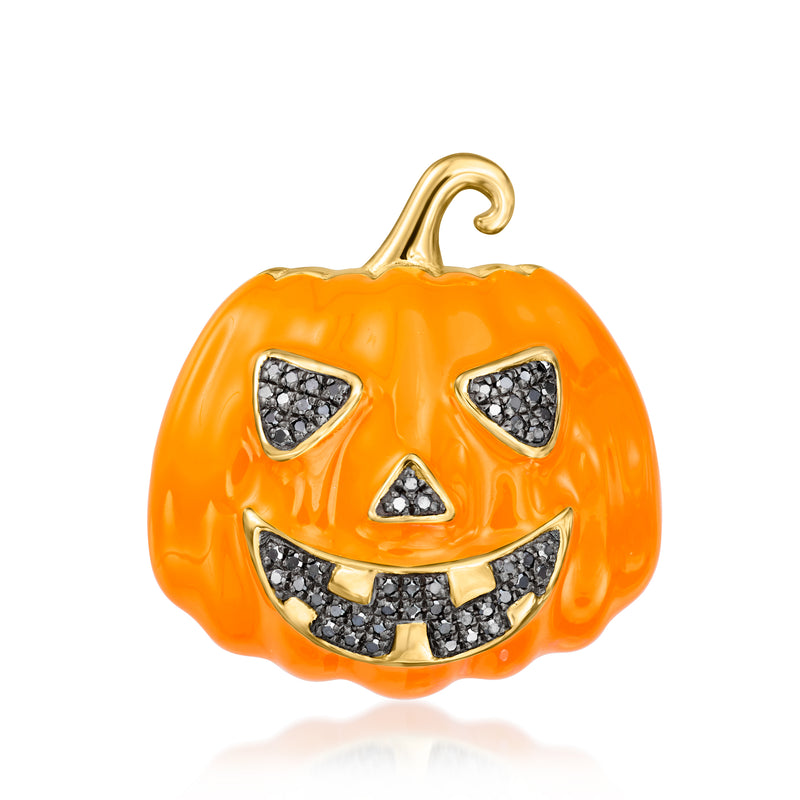 Orange enamel jack-o'-lantern pin with black diamond accents and gold-tone backing
