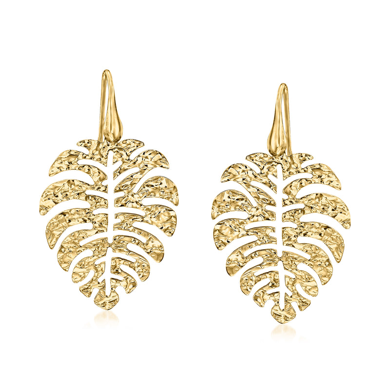 Gold-tone hammered leaf drop earrings with earwire hooks