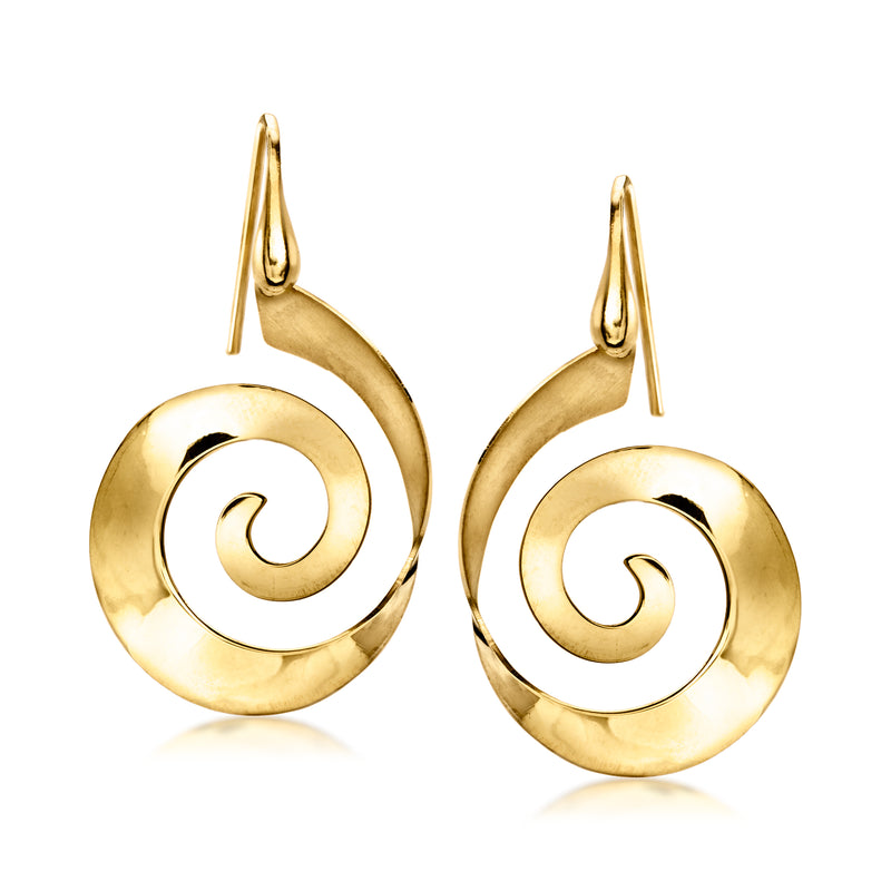 Gold spiral drop earrings with circular hoop and fishhook earwire, polished finish