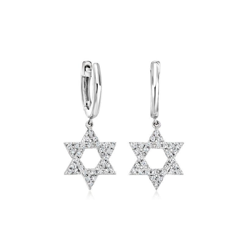 Sterling silver Star of David diamond hoop drop earrings with pave sparkle