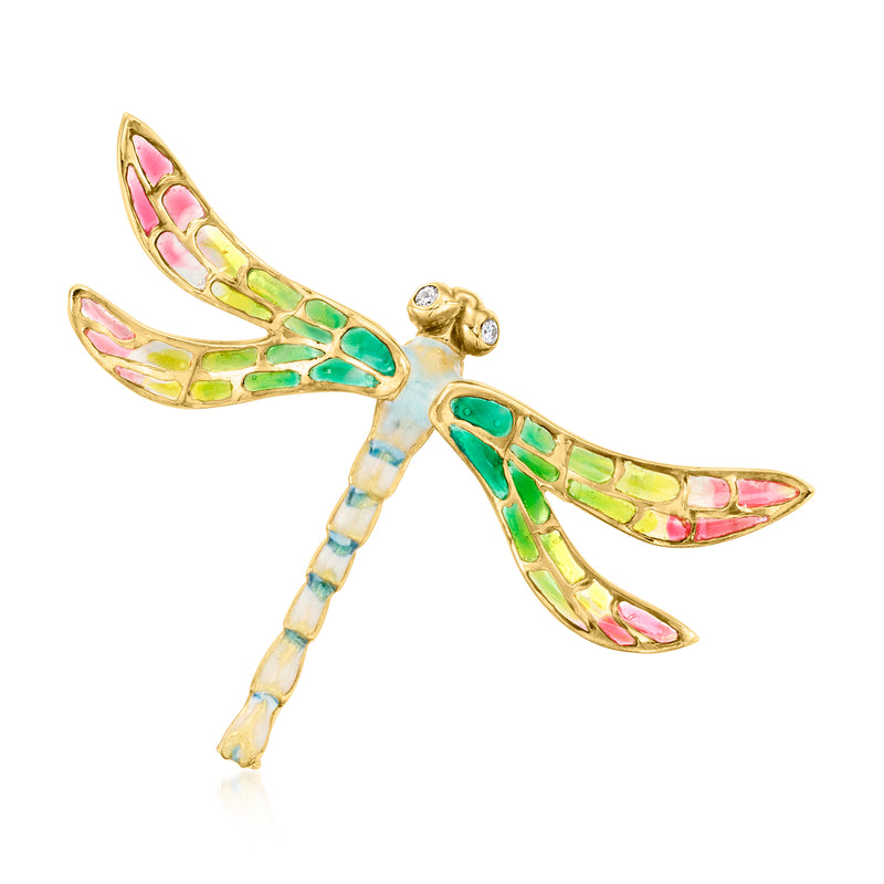 Gold enamel dragonfly pin with pink, green, and yellow accents and small sparkle stones