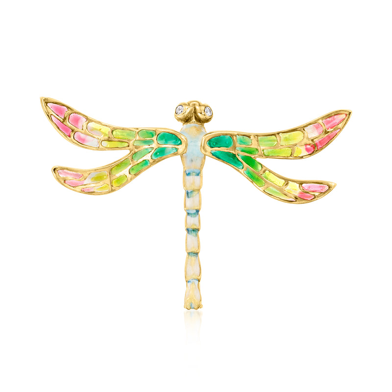 18kt yellow gold enamel dragonfly pin with multicolor wings and diamond-like stone accents