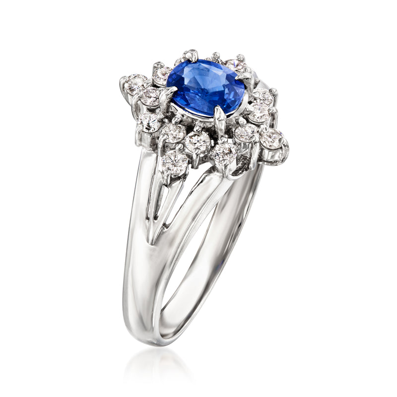 Platinum ring with large blue sapphire and diamond cluster, side profile