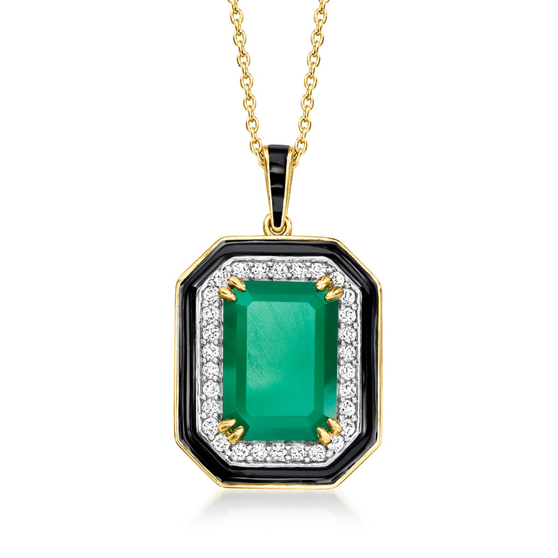 18kt gold pendant necklace with green chalcedony, black enamel octagon frame, white stones