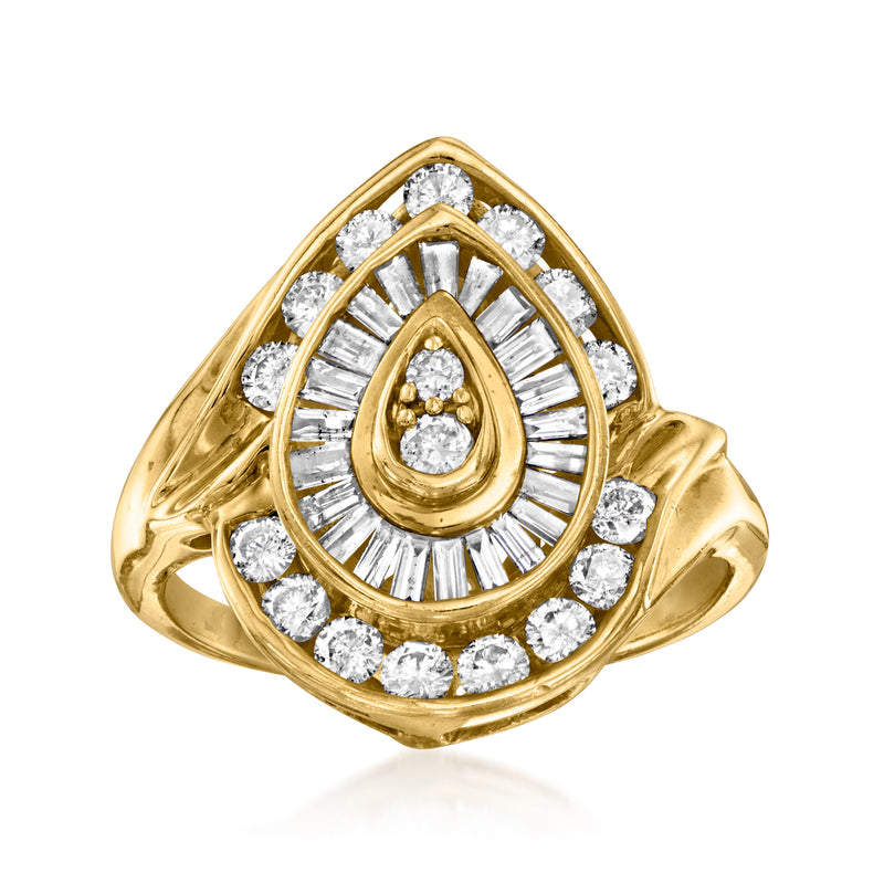 Vintage yellow gold diamond ring with oval center and radiating diamond halo
