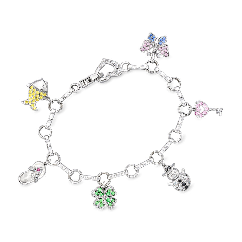 14k white gold charm bracelet with multicolor gemstone charms on linked chain