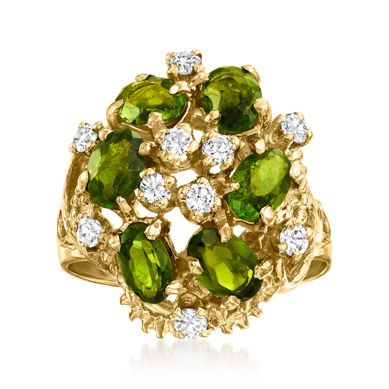 Vintage 14kt yellow gold ring with green tourmaline and diamond cluster
