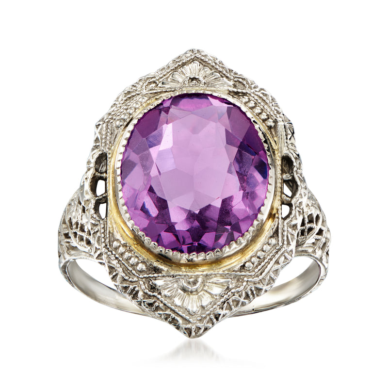 Oval amethyst filigree ring in 10kt white gold, ornate bezel and prongs