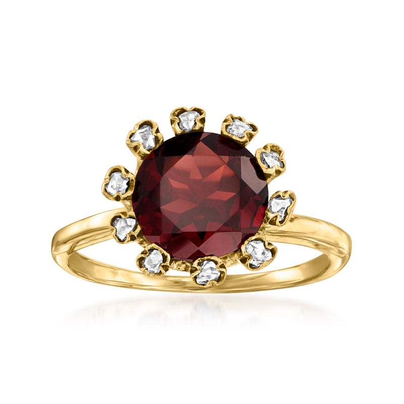 Vintage garnet and diamond ring in 14kt yellow gold, round red gemstone with bezel