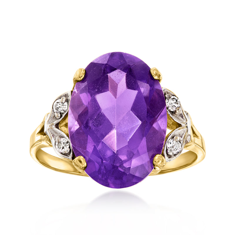 Oval purple amethyst ring in 10kt yellow gold with diamond accents on the band