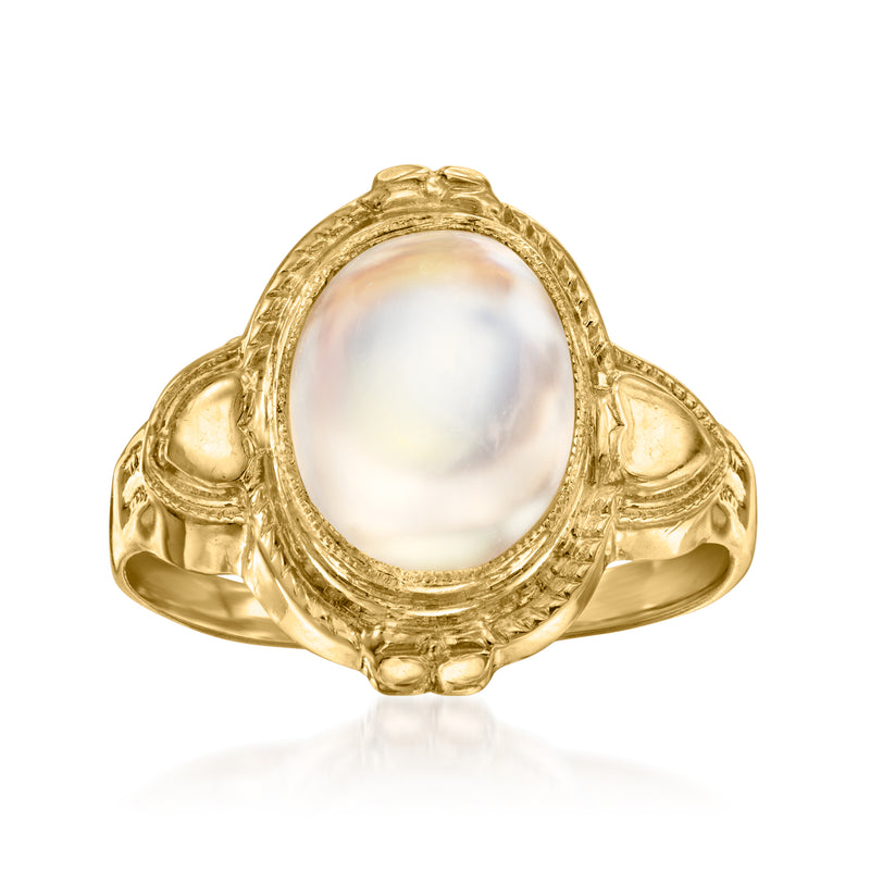 Vintage oval moonstone ring, 10kt yellow gold with ornate scalloped bezel