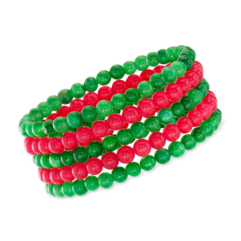 Jade and red quartzite bead bracelet set with five stretch bracelets, green and red beads