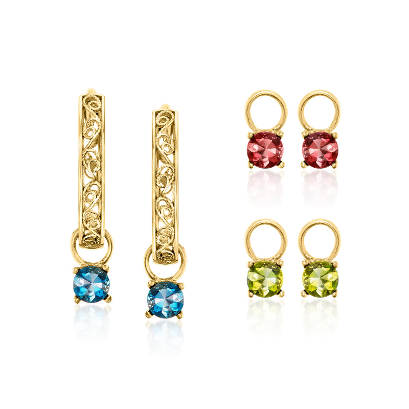 Gold hoop earrings with multi-color gemstone drop charms (blue, red, green)
