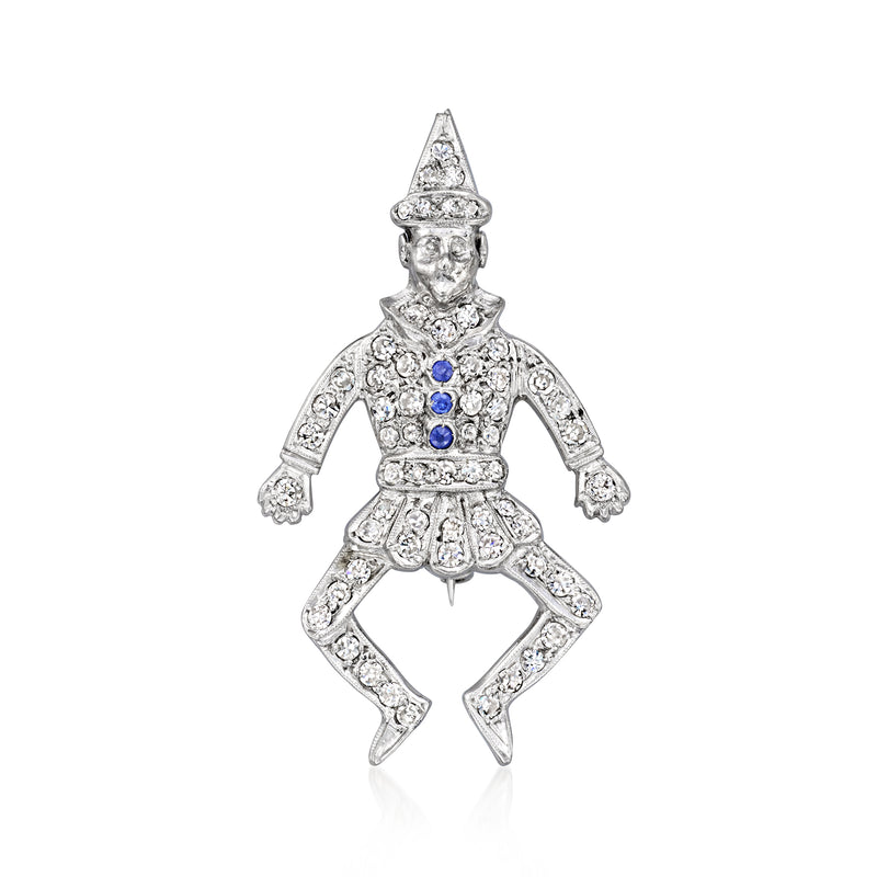 Diamond and sapphire jester pin in 14kt white gold, detailed jeweled figure design