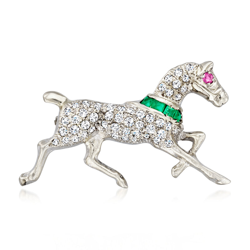 Diamond horse pin in white gold, with green and pink gemstone accents