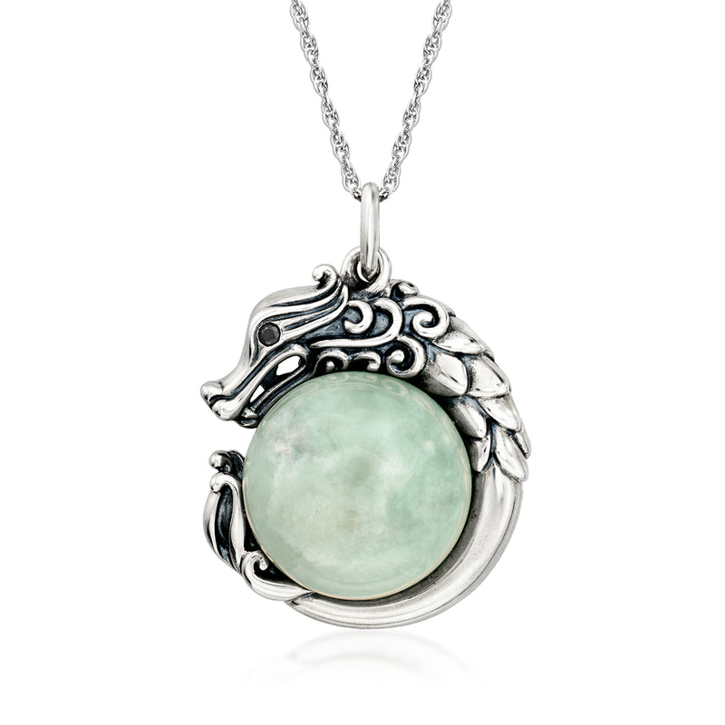 Sterling silver dragon pendant necklace with round green jade cabochon stone