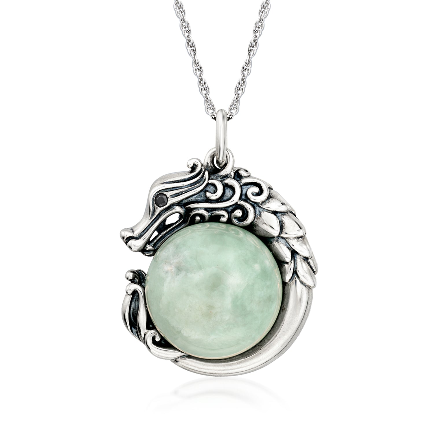 Jade Dragon Pendant Necklace with Single Black Sapphire in Sterling Silver