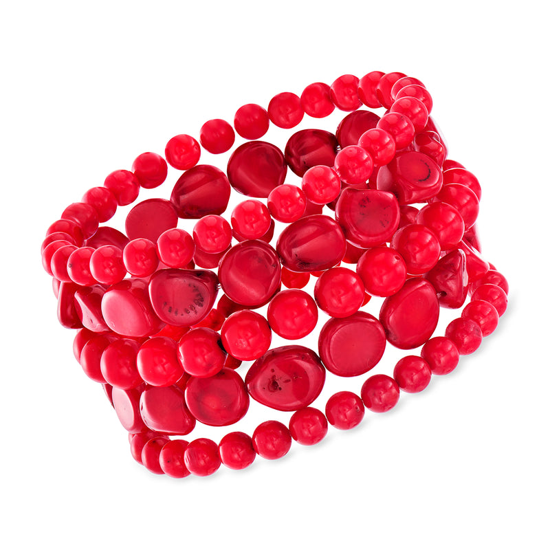 Red coral bead stretch bracelet set with five rows of round red beads