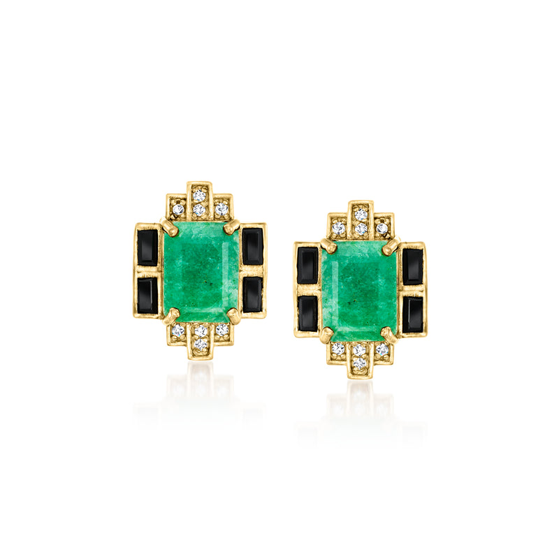 Gold over sterling emerald stud earrings with black spinel sides and white topaz accents