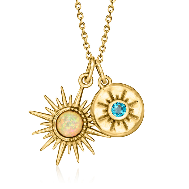 Gold-tone celestial pendant set: opal sunburst and blue topaz moon on cable chains