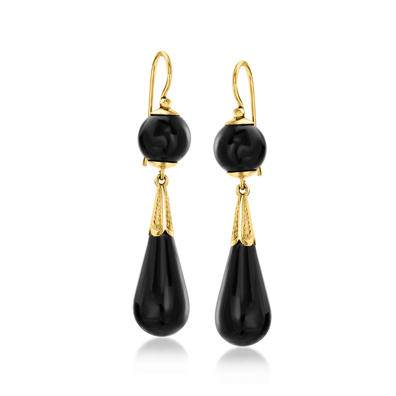 Vintage onyx drop earrings with 14kt yellow gold earwires and black teardrop stones